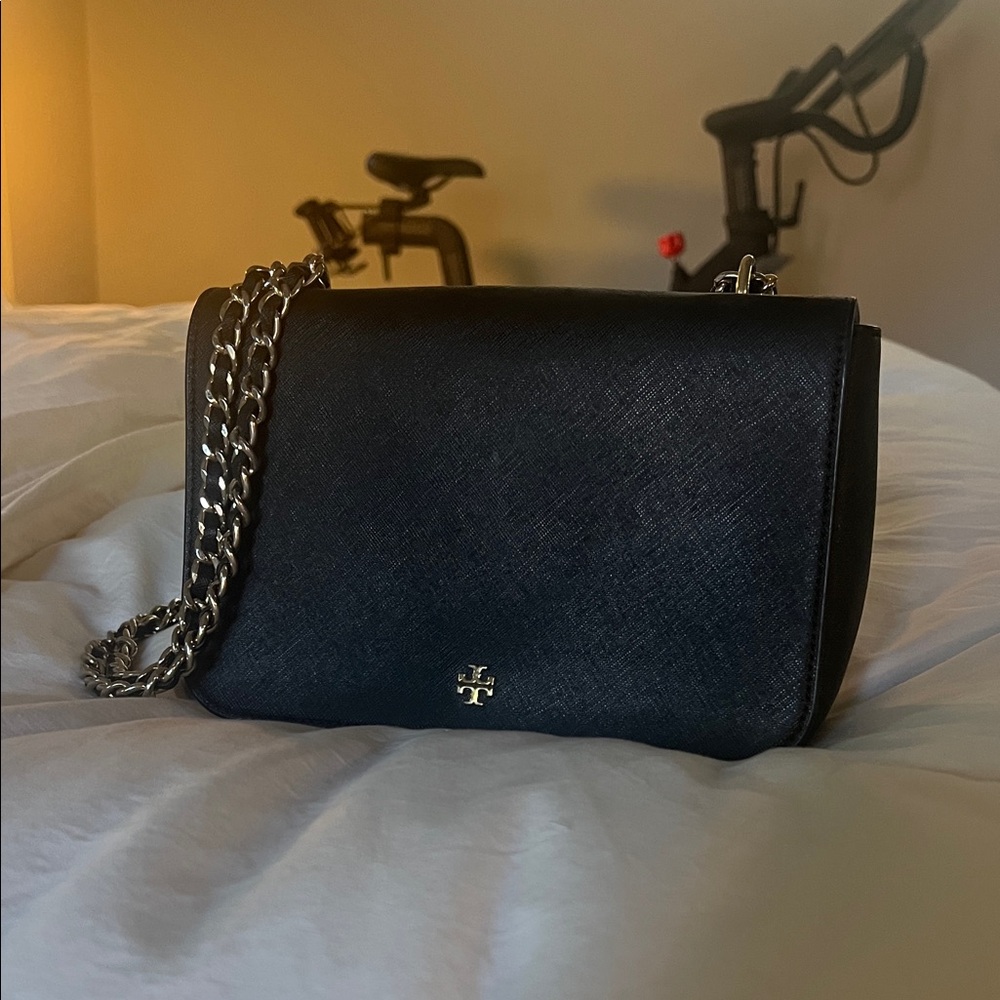 Tory Burch Black Flap Bag with Gold Chain
